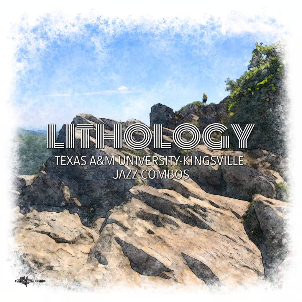 Lithology album cover. A man off in the distance standing on a cliff, gazing into the distance.